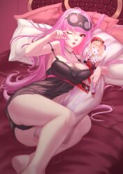1girl absurdres bed bed_sheet black_choker body_pillow bracelet cameltoe cameo character_print chef_hat choker dakimakura_(object) earrings feather_earrings feathers hair_spread_out hat highres holding holding_pillow hololive hololive_english hug implied_yuri jewelry long_hair lying mori_calliope mori_calliope_(sleepwear) nightgown oakproud hugging_object on_bed on_side pillow pillow_hug pink_hair red_eyes straight_hair takanashi_kiara very_long_hair virtual_youtuber