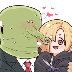 1boy 1girl :d black_hoodie blonde_hair blush chibi ear_piercing earrings facial_hair false_smile hair_over_one_eye heart holding holding_scissors hood hood_down hoodie idolmaster idolmaster_cinderella_girls jewelry medium_hair necktie one_eye_covered open_mouth p-head_producer piercing pink_eyes producer_(idolmaster) red_neckwear scissors shirasaka_koume smile stubble symbol-only_commentary takato_kurosuke what