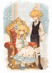1boy 1girl aether_(genshin_impact) ahoge alternate_costume armchair ayiiiyiii black_shoes black_shorts black_socks black_vest blonde_hair blue_bow blue_shoes blush bow brother_and_sister chair chinese_new_year closed_mouth commentary_request dated dress earrings flower footwear_bow genshin_impact hair_between_eyes hair_flower hair_ornament hand_in_pocket highres indoors jewelry long_hair long_sleeves lumine_(genshin_impact) shirt shoes short_hair_with_long_locks shorts siblings signature single_earring sitting socks standing very_long_hair vest white_dress white_flower white_shirt yellow_eyes