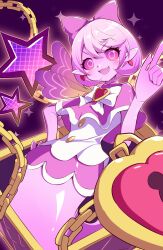 Rule 34 | 1girl, absurdres, blush, bow, chain, chest bow, colored skin, duel monster, earrings, fairy, fairy wings, hair between eyes, hand on own hip, heart, heart earrings, highres, jewelry, kanzakietc, lock, mimighoul fairy, open mouth, pink bow, pink eyes, pink hair, pink skin, pointy ears, short hair, smile, solo, star (symbol), white bow, wings, yu-gi-oh!