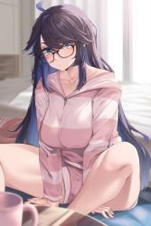 1girl absurdres ahoge backlighting bed black_hair blue_eyes blue_hair blush breasts collarbone colored_inner_hair cup curtains glasses highres hood hooded_sweater indie_virtual_youtuber kson large_breasts long_hair long_sleeves looking_at_viewer moisture_(chichi) mug multicolored_hair pink_shorts pink_sweater shorts sidelocks sitting solo sweater swept_bangs thighs virtual_youtuber