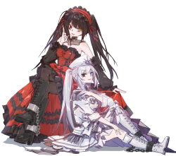 2girls absurdres bare_shoulders black_footwear black_hair black_pantyhose blue_eyes boots chained_legs chinese_commentary clock_eyes commentary_request crossed_legs date_a_live date_a_live:_date_a_bullet dress epaulettes hairband hand_up hat heterochromia highres index_finger_raised knee_boots lace-up_boots lolita_hairband long_hair looking_at_viewer multiple_girls open_mouth pantyhose parted_lips peaked_cap red_dress red_eyes red_hairband sao7 sidelocks simple_background sitting smile symbol-shaped_pupils tokisaki_kurumi twintails white_background white_dress white_footwear white_hair white_hat white_queen_(date_a_live) yellow_eyes