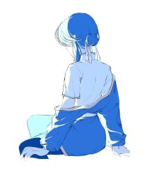 1boy alternate_hairstyle blue_hair blue_pants blue_tunic cowboy_shot facing_away fire_emblem fire_emblem:_genealogy_of_the_holy_war hair_bun hair_ribbon high_collar highres invisible_chair long_sleeves male_focus nintendo off_shoulder pants ribbon seliph_(fire_emblem) short_sleeves sidelocks simple_background single_hair_bun sitting solo tunic white_background white_ribbon yurari_forever