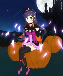 Rule 34 | 1girl, :o, artist name, artist request, black bow, black cape, black capelet, black choker, black gloves, black ribbon, black thighhighs, blush, bow, breasts, cape, capelet, castle, choker, cleavage, collarbone, cross-laced clothes, cross-laced dress, dancing stars on me!, dress, elbow gloves, female focus, frill trim, frilled dress, frilled skirt, frills, full body, gloves, green eyes, hair between eyes, hair ornament, hair ribbon, hairclip, hat, high heels, highres, long hair, long twintails, looking at viewer, love live!, love live! school idol project, low twintails, mini hat, mini witch hat, moon, neito (qtuyiweyoc), night, night sky, orange cape, outdoors, own hands together, parted lips, plaid clothes, plaid skirt, pleated, pleated skirt, pumpkin, purple dress, purple footwear, purple hair, purple ribbon, purple skirt, ribbon, shooting star, sitting, skirt, sky, small breasts, smile, solo, star (symbol), star hair ornament, star print, thighhighs, thighs, tojo nozomi, twintails, two-tone cape, white skirt, witch hat, x