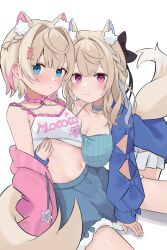 2girls animal_ear_fluff animal_ears badao blonde_hair blue_camisole blue_choker blue_eyes blue_hair blue_jacket blue_skirt blush bow braid breast_press breasts brown_hair camisole center-flap_bangs choker cleavage clothes_writing crop_top cross-laced_slit dog_ears dog_girl dog_tail double-parted_bangs frilled_camisole frills fuwawa_abyssgard fuwawa_abyssgard_(casual) groin hair_bow hair_intakes hair_ornament hairclip half_up_braid highres hololive hololive_english jacket large_breasts lifting_another&#039;s_clothes long_hair looking_at_viewer midriff mococo_abyssgard mococo_abyssgard_(casual) multicolored_hair multiple_girls navel official_alternate_costume pink_choker pink_eyes pink_hair pink_jacket short_hair siblings simple_background sisters skirt small_breasts spiked_choker spikes streaked_hair tail twins virtual_youtuber white_background white_camisole white_skirt x_hair_ornament