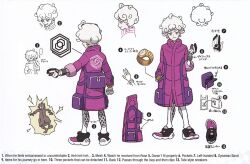 1boy bag bede_(pokemon) closed_mouth coat concept_art curly_hair dynamax_band gloves hand_in_pocket hard-translated holding holding_poke_ball leggings male_focus nintendo official_art oversized_clothes pocket pointing_out_the_details poke_ball pokemon pokemon_swsh purple_coat simple_background smug third-party_edit translated watch white_background white_hair wristwatch