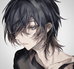 Rule 34 | 00 gx4, 1boy, adam&#039;s apple, black hair, black shirt, blue eyes, chinese commentary, hair over one eye, looking at viewer, male focus, open mouth, original, shirt, short hair, simple background, solo, t-shirt, translated, white background