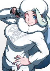 1girl bite_addict female_focus fingerless_gloves gloves hand_on_own_hip hat highres jewelry lips mature_female melony_(pokemon) nail_polish nails nintendo one_eye_closed pokemon pokemon_swsh ring white_background