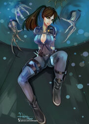 1girl artist_name blue_wetsuit bodysuit breasts claws cleavage diving_suit jill_valentine looking_at_viewer neftali_hinojosa patreon_username resident_evil resident_evil:_revelations signature sitting wetsuit