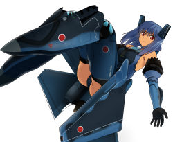 1girl aasara aircraft airplane alternate_color bare_shoulders black_thighhighs blue_hair camouflage canopy female_focus gauntlets japan_air_self-defense_force japan_self-defense_force jet mecha_musume military mitsubishi_f-2 original red_eyes robot_ears simple_background solo star-shaped_pupils star_(symbol) symbol-shaped_pupils thighhighs white_background
