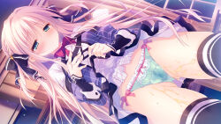 1girl black_bow black_thighhighs blonde_hair blue_panties blush bow bowtie braid breasts closed_mouth clothes_lift dark dress dress_lift dutch_angle embarrassed frilled_shirt_collar frills frown game_cg gluteal_fold green_eyes hair_bow hand_on_own_chest highres indoors lifting_own_clothes long_hair otome_domain panties pee peeing peeing_self photoshop_(medium) red_bow red_bowtie saionji_kazari school_uniform small_breasts solo tatekawa_mako thighhighs underwear wet wet_clothes wet_panties window