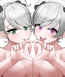 2girls absurdres arianna_the_labrynth_servant arianne_the_labrynth_servant bad_id bad_twitter_id breasts cotan_(actancyaga) demon_girl duel_monster green_eyes grey_hair heart heart_hands heart_hands_duo highres large_breasts maid_headdress multiple_girls pointy_ears purple_eyes siblings simple_background sisters tongue tongue_out topless_female twintails white_background yu-gi-oh!