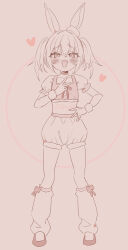 1girl :d animal_ears bloomers blush brown_background brown_theme choker collarbone commentary_request crop_top fang full_body hair_between_eyes hand_on_own_hip hand_up heart highres jigatei_(omijin) looking_at_viewer loose_socks midriff monochrome open_mouth original puffy_short_sleeves puffy_sleeves rabbit_ears romaji_text shoes short_sleeves simple_background smile socks solo standing twintails underwear