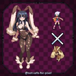 1girl alternate_costume animal_ear_hairband animal_ears artist_name bare_shoulders black_bra black_hair black_panties black_ribbon blue_eyes blush border bra breasts brown_hairband brown_leotard brown_pantyhose checkered_background cleavage cosplay covered_navel crotchless crotchless_leotard dawn_(pokemon) detached_collar fake_animal_ears female_focus full_body fur-trimmed_shoes gen_4_pokemon hairband legs leotard long_ears long_hair looking_at_viewer lopunny lopunny_(cosplay) medium_breasts neck_ribbon nintendo nose_blush notsafeforpixel official_art_inset panties pantyhose pixel_art playboy_bunny pokemon pokemon_dppt purple_background rabbit_ears rabbit_tail ribbon shoes short_tail side-tie_panties sidelocks solo standing strapless strapless_leotard tail torn_clothes torn_pantyhose twitter_username underwear watermark white_shoes wrist_cuffs