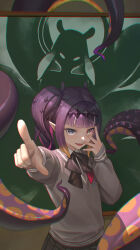1girl absurdres black_ribbon blue_eyes blunt_bangs chalkboard chuunibyou collared_shirt commentary fingernails flat_chest gradient_hair grey_sweater hair_ornament hand_over_eye headpiece heterochromia highres hololive hololive_english long_sleeves looking_at_viewer mcking mole mole_under_eye multicolored_hair ninomae_ina&#039;nis ninomae_ina&#039;nis_(school_uniform) official_alternate_costume official_alternate_hairstyle open_mouth orange_hair pink_eyes pink_hair plaid_clothes plaid_skirt pointing pointing_at_viewer pointy_ears purple_hair ribbon school_uniform shirt side_ponytail sidelocks silhouette skirt smile solo streaked_hair sweater tentacle_hair tentacles upper_body v-neck virtual_youtuber