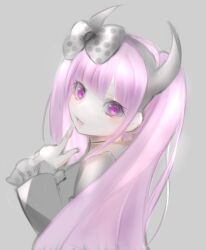 1girl blue-bell child danganronpa_(series) danganronpa_another_episode:_ultra_despair_girls eyelashes fake_horns female_focus grey_background hand_up highres horned_headwear horns limited_palette long_hair looking_at_viewer open_mouth pink_eyes pink_hair simple_background solo solo_focus turning_head twintails utsugi_kotoko