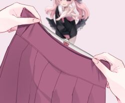 2girls black_shirt black_wings blue_archive blurry blurry_background feathered_wings female_pov fingernails floating_hair highres holding hyurumari koharu_(blue_archive) long_hair low_wings mini_wings multiple_girls open_mouth pink_background pink_eyes pink_hair pleated_skirt pov pov_hands purple_skirt reaching sailor_collar shirt skirt twintails unworn_skirt white_sailor_collar wings