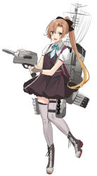 Rule 34 | 1girl, adapted costume, akagi kurage, akigumo (kancolle), aqua ribbon, bad id, bad twitter id, boots, bow, brown gloves, brown hair, fingerless gloves, gloves, green eyes, grey thighhighs, hair bow, highres, holding, kantai collection, lace-up boots, long hair, mole, mole under eye, neck ribbon, open mouth, original remodel (kantai collection), ribbon, rigging, shirt, simple background, skirt, solo, thigh strap, thighhighs, unfinished, vest, white background, white shirt
