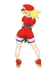 Rule 34 | 1girl, absurdres, ass, belt, blonde hair, bodysuit, bodysuit under clothes, brown gloves, cropped jacket, from behind, gloves, green eyes, hat, highres, jacket, leaning forward, looking back, medium hair, mega man (series), mega man legends (series), newsboy cap, red hat, red jacket, red shoes, red shorts, roll caskett (mega man), shoes, shorts, simple background, solo, toshinoshin