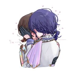 Rule 34 | 2girls, asahina mafuyu, black gloves, blush, brown hair, commentary, epaulettes, gloves, heart, jacket, kiss, long hair, multiple girls, project sekai, purple hair, shinonome ena, simple background, sweat, upper body, white background, white jacket, yuri, zyegura
