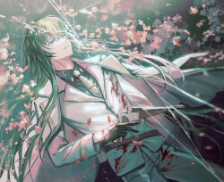1boy belt black_belt black_shirt blazer blood blood_on_clothes breast_pocket buttons cangchen cherry_blossoms coat coat_on_shoulders collared_coat collared_shirt cowboy_shot crack dress_pants enkidu_(fate) fate/grand_order fate_(series) flower formal_clothes genderswap genderswap_(otm) green_eyes green_hair grey_necktie gun hair_between_eyes handgun holding holding_gun holding_weapon jacket lapels long_hair looking_ahead male_focus necktie notched_lapels pants parted_lips petals pink_flower pocket shirt smile solo suit tie_clip very_long_hair weapon white_coat white_jacket white_pants white_suit