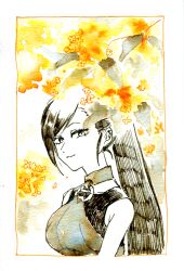 1girl asymmetrical_bangs bare_shoulders breasts bustier choker commentary_request dragon_quest dragon_quest_xi flower green_bustier hatching_(texture) high_ponytail highres inktober large_breasts looking_at_viewer looking_to_the_side martina_(dq11) mnnem o-ring o-ring_top painting_(medium) pen_(medium) ponytail smile solo spot_color tank_top traditional_media upper_body watercolor_(medium) yellow_flower