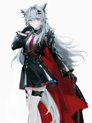 1girl absurdres aiguillette animal_ears arknights black_gloves black_jacket black_skirt blue_eyes bolo_tie cape chinese_commentary closed_mouth commentary_request crossed_bangs gloves grey_background grey_hair hair_between_eyes hair_ornament hairclip highres jacket lappland_(arknights) lappland_the_decadenza_(arknights) long_hair long_sleeves material_growth oripathy_lesion_(arknights) red_cape simple_background skirt smile solo standing tail wolf_ears wolf_girl wolf_tail zhishi_mao_tiao