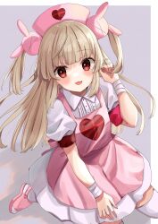&gt;_&lt; 1girl :d apron armband bandaged_wrist bandages blush brown_hair center_frills collared_dress dress fang frills grey_background hair_ornament hand_up hat heart highres long_hair looking_at_viewer natori_sana natori_sana_(nurse) nurse nurse_cap open_mouth pink_apron pink_hat pink_sandals pleated_dress puffy_short_sleeves puffy_sleeves rabbit_hair_ornament red_eyes rino_cnc safety_pin sana_channel sandals short_sleeves smile solo thighhighs two_side_up very_long_hair virtual_youtuber white_dress white_thighhighs