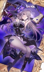 1girl armpits arms_up bare_shoulders black_boots black_dress book boots breasts dress grey_hair hat herta_(honkai:_star_rail) high_heel_boots high_heels highres honkai:_star_rail honkai_(series) long_hair medium_breasts pantyhose purple_eyes purple_hat saint_laurent_paris solo strapless strapless_dress the_herta_(honkai:_star_rail) very_long_hair witch_hat