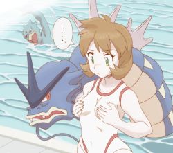 ... 00s 1girl blue_eyes breast_conscious breasts brown_hair collarbone covered_navel fangs female_focus gen_1_pokemon golduck grabbing_own_breast green_eyes gyarados gym_leader hands_on_own_chest misty_(pokemon) monster nintendo nomura_(buroriidesu) one-piece_swimsuit open_mouth orange_hair pokemon pokemon_(creature) pokemon_hgss pool red_eyes short_hair small_breasts spoken_ellipsis sweatdrop swimming swimsuit water