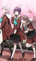 Rule 34 | 3girls, :/, :o, aqua neckerchief, black choker, black pantyhose, black shoes, bob cut, brown dress, brown hair, cherry blossoms, chigusa minori, choker, closed mouth, colored inner hair, commentary request, diagonal bangs, dress, fujishima megumi, full body, green eyes, hair ornament, hasu no daisankaku, hasu no sora school uniform, inverted bob, link! like! love live!, long hair, long sleeves, love live!, low ponytail, medium dress, multicolored hair, multiple girls, neckerchief, official art, open mouth, otomune kozue, outdoors, pantyhose, parted lips, pink eyes, pleated dress, ponytail, purple eyes, purple hair, red hair, sailor collar, sailor dress, school uniform, second-party source, shoes, short hair, sidelocks, star (symbol), star hair ornament, streaked hair, teeth, two side up, upper teeth only, virtual youtuber, white hair, white sailor collar, winter uniform, yugiri tsuzuri
