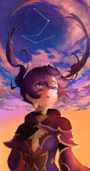 1girl absurdres black_cape black_choker black_gloves breasts cape choker cloud cloudy_sky commentary_request constellation detached_sleeves earrings floating_hair fur_collar genshin_impact gloves gradient_sky hair_between_eyes hand_on_own_chest hand_up highres jewelry karashi_mikan03 leotard long_hair long_sleeves looking_up medium_breasts mona_(genshin_impact) open_mouth orange_sky purple_cape purple_eyes purple_hair purple_leotard purple_sky purple_sleeves sky solo star_(sky) star_(symbol) star_earrings star_ornament starry_sky twintails two-tone_cape upper_body