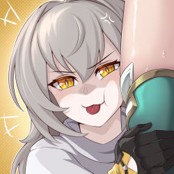 anger_vein black_gloves firefly_(honkai:_star_rail) gloves green_thighhighs grey_hair highres honkai:_star_rail honkai_(series) mihoyo multicolored_eyes stelle_(honkai:_star_rail) sweatdrop thighhighs tongue tongue_out trailblazer_(honkai:_star_rail) two-tone_eyes vilde_loh_hocen yellow_eyes