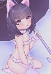 1girl :o absurdres alternate_costume animal_ears blush cat_ears collar crybabyglo fake_animal_ears fallenshadow flat_chest frills from_side garter_belt garter_straps highres holding holding_umbrella indie_virtual_youtuber loli looking_at_viewer no_panties pink_eyes purple_hair revealing_clothes seiza single_bare_foot single_thighhigh sitting solo thighhighs umbrella virtual_youtuber white_garter_belt white_garter_straps
