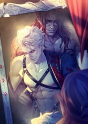 2boys abs asahi_(baiyameng) astarion baldur&#039;s_gate baldur&#039;s_gate_3 chest_harness dungeons_&amp;_dragons dungeons_&amp;_dragons halsin harness highres long_hair multiple_boys muscular muscular_male nipples reflection short_hair smile topless_male white_hair yaoi
