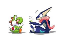 creatures_(company) crossover game_freak gen_6_pokemon greninja mario_(series) nintendo no_humans pokemon pokemon_(creature) simple_background super_mario_bros._1 super_smash_bros. white_background yoshi