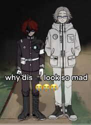 2boys ahoge aotsuki_eito blue_eyes closed_mouth crying emoji full_body glasses holding holding_sword holding_weapon looking_at_viewer male_focus multiple_boys outdoors purple_eyes red_hair smile standing sumino_takumi sword the_hundred_line_-last_defense_academy- weapon white_hair why_dis_ninja_look_so_mad_(meme)
