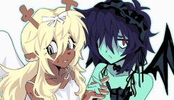 1girl 1other alien_stage angel_wings animal_ears antlers black_choker black_dress black_headdress black_wings blonde_hair blood blood_on_face blue_hair blue_skin bow choker colored_skin commentary cosplay deer_antlers deer_ears deer_girl deltarune demon_wings dress english_commentary furry furry_female grey_eyes hair_between_eyes hair_bow hair_over_one_eye highres holding_hands horns interlocked_fingers kris_(deltarune) lace lace_choker long_hair mizi_(alien_stage) mizi_(alien_stage)_(cosplay) noelle_holiday red_eyes short_hair sleeveless sleeveless_dress smile sua_(alien_stage) sua_(alien_stage)_(cosplay) viscogone white_bow white_dress white_wings wings