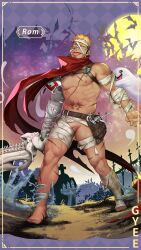 Rule 34 | 1boy, abs, bandaged arm, bandaged foot, bandaged leg, bandaged penis, bandages, bara, bat (animal), blonde hair, cape, character name, commentary, copyright name, cross scar, english commentary, extra eyes, ghost, ghost hands, graveyard, green eyes, gyee, highres, holding, holding weapon, itto (mentaiko), looking at viewer, male focus, moon, multiple scars, mummy costume, muscular, muscular male, navel, nipples, official art, open mouth, pectorals, penis, penis peek, red cape, romg, scar, scar across eye, scar on arm, scar on chest, scar on chin, scar on face, scar on stomach, second-party source, smile, stomach tattoo, tattoo, tongue, tongue out, torn clothes, weapon
