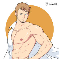 1boy abs arm_out_of_sleeve bara blue_eyes diele facial_hair goatee_stubble hotel_dusk kyle_hyde large_pectorals male_focus muscular muscular_male nipples pectorals shirt short_hair simple_background solo stubble upper_body variant_set white_shirt