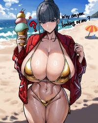 1girl ? absurdres beach beach_umbrella bikini black_hair blue_eyes blue_sky blunt_bangs breasts cherry cleavage closed_mouth clothes_tug cloud collarbone commentary curvy day english_text food fruit gold_bikini golden_week golden_week_bikini hands_up high_ponytail highres holding holding_food holding_ice_cream holding_ice_cream_cone horizon huge_breasts ice_cream ice_cream_cone jacket long_hair long_sleeves looking_at_viewer navel ocean original outdoors ponytail red_jacket sand shadow shiny_clothes shiny_skin shiny_swimsuit shore sidelighting sidelocks sky solo stomach sundae swimsuit talking thigh_gap thighs triple_scoop umbrella waves wide_hips wolffeld_price