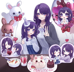 2girls ^_^ absurdres aegyo_sal aged_down animal-themed_food animal_balloon arm_at_side asahina_mafuyu asahina_mafuyu&#039;s_mother blue_skirt blue_trim blush buttons cake character_name child closed_eyes closed_mouth collarbone collared_shirt commentary cup dress drinking_straw drop_shadow facial_mark facing_another food fork frilled_shirt frilled_skirt frilled_sleeves frills fruit gradient_background grey_background grey_jacket grey_shirt hairband hand_on_another&#039;s_shoulder hand_up hat heart heart_facial_mark heart_in_eye high-waist_skirt highres holding holding_fork holding_tissue jacket jewelry jishou_210 layered_clothes long_hair long_sleeves looking_at_another looking_at_viewer medium_hair mother_and_daughter multiple_girls necklace open_clothes open_jacket open_mouth outline parted_hair party_hat peach peach_slice profile project_sekai purple_eyes purple_hair purple_outline purple_shirt ring shirt short_sleeves simple_background skirt sleeves_past_wrists smile symbol_in_eye table upper_body v-neck w white_background white_dress white_hairband white_shirt
