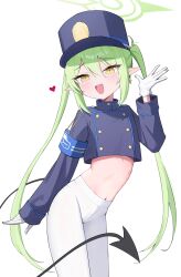 1girl absurdres blue_archive blue_hat blue_jacket commentary cowboy_shot cropped_jacket demon_girl demon_tail earrings flat_chest gloves green_hair green_halo halo hat heart highres jacket jewelry long_hair long_sleeves looking_at_viewer morphling_(artist) navel no_pants nozomi_(blue_archive) open_mouth pantyhose peaked_cap pointy_ears solo tail very_long_hair white_gloves white_pantyhose yellow_eyes