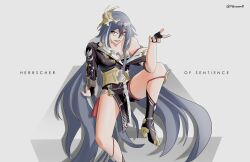1girl :d absurdres artist_name black_dress black_gloves black_hair boots china_dress chinese_clothes dress fingerless_gloves gloves grey_background hair_ornament herrscher_of_sentience high_heel_boots high_heels highres honkai_(series) honkai_impact_3rd long_hair makareem open_mouth red_eyes simple_background sitting smile solo very_long_hair