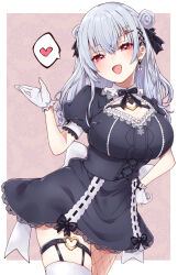 Rule 34 | 1girl, asymmetrical legwear, black gemstone, blush, breasts, chest strap, cleavage, cleavage cutout, clothing cutout, cowboy shot, cross-laced clothes, cross-laced dress, double bun, dress, earrings, fishnet pantyhose, fishnets, frills, gem, gloves, grey hair, hair bun, hair ornament, hakase fuyuki, hakase fuyuki (7th costume), hand on own hip, heart, heart-shaped pupils, heart earrings, heart o-ring, highres, jewelry, kurokubo (yakekubo), lace-trimmed sleeves, lace trim, large breasts, long hair, looking at viewer, maid, neck ribbon, nijisanji, o-ring, o-ring thigh strap, open mouth, pantyhose, red eyes, ribbon, simple background, skirt, smile, solo, symbol-shaped pupils, thigh strap, thighhighs, virtual youtuber, white gloves, white thighhighs, x hair ornament, zettai ryouiki