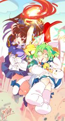 Rule 34 | 2girls, absurdres, animal bag, animal hat, apron, arle nadja, arm up, armor, bell, blue bow, blue dress, blue skirt, bow, breastplate, brown hair, cape, cat bag, cat hat, cat tail, crossover, dejiko, di gi charat, dress, eye beam, fire, full body, green hair, grey hair, hat, highres, jingle bell, multiple girls, neck bell, open mouth, ponytail, puyopuyo, puyopuyo n, pyrokinesis, red cape, short hair, skirt, tail, tail bow, tail ornament, white apron, yabamitsu