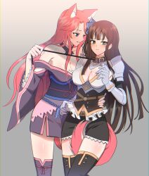 2girls absurdres animal_ears between_legs blush brown_hair ceri_(sakura_dungeon) commission commissioner_upload fox_ears fox_girl fox_tail hand_on_another&#039;s_waist highres holding holding_leash japanese_clothes kimono leash multiple_girls non-web_source pink_hair prmogumogu sakura_dungeon tail tail_between_legs yomi_(sakura_dungeon) yuri