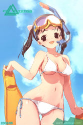 Rule 34 | 1girl, bikini, breasts, cleavage, day, diving mask, female focus, flippers, goggles, io takuya, large breasts, lowleg, lowleg bikini, side-tie bikini bottom, sideboob, sky, snorkel, solo, swimsuit, twintails, underboob, white bikini