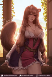 1girl animal_ear_fluff animal_ears backlighting bare_shoulders belt bracelet breast_tattoo breasts brown_hair chest_tattoo commentary contrapposto day detached_sleeves dress english_commentary highres large_breasts light_brown_hair lips long_hair long_sleeves looking_at_viewer low-tied_long_hair low_twintails luminyu parted_lips raccoon_ears raccoon_girl raccoon_tail raphtalia red_eyes short_dress signature slave_tattoo solo strapless strapless_dress studded_bracelet tail tate_no_yuusha_no_nariagari tattoo thighs twintails very_long_hair windowsill