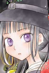 Rule 34 | artist request, black hair, champignon no majo, long hair, looking at viewer, luna (champignon no majo), manga style, open mouth, purple eyes, source request, surprised, witch